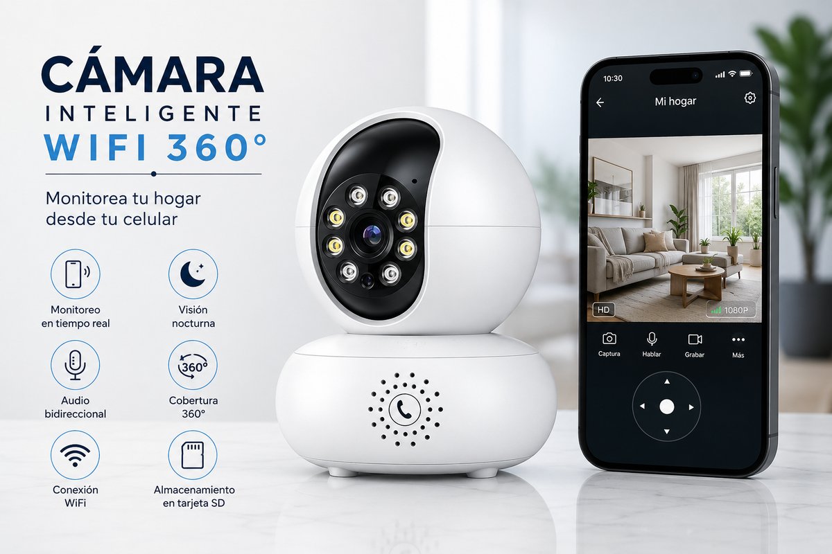 Cámara Inteligente WiFi 360° 1080p - Monitorea tu hogar desde el celular